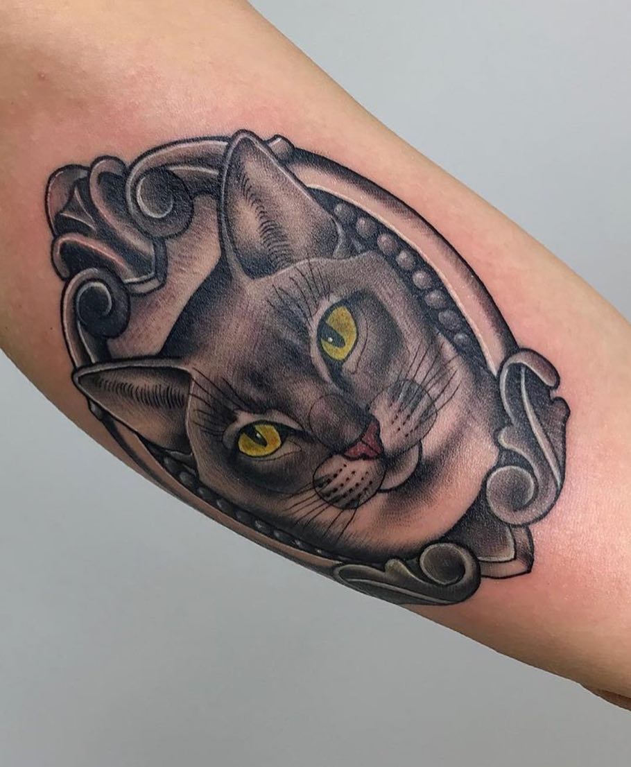 邓先生小臂黑灰猫纹身图案