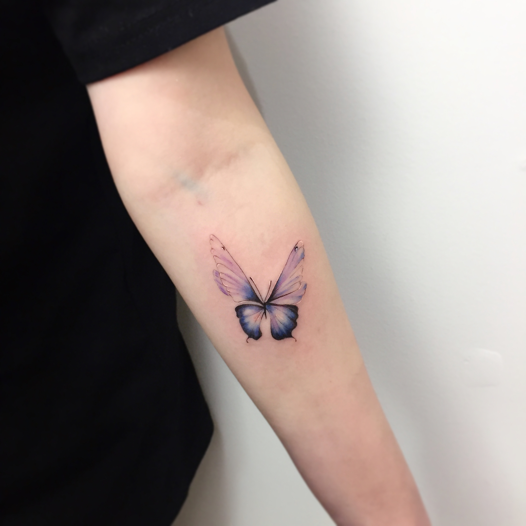 小臂彩色蝴蝶纹身图案